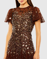 Brown High Neck Flutter Sleeve Beaded Dress